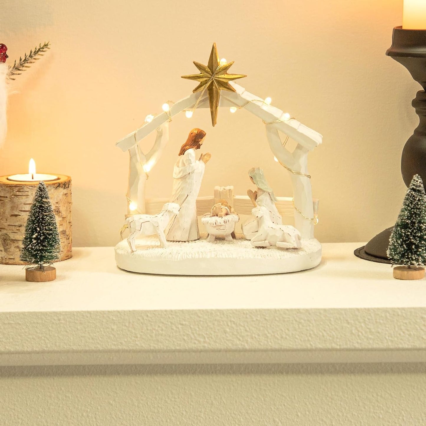 Nativity Scene - Hand-Painted Holy Family Figurine with Lights | Christmas Tabletop Decoration