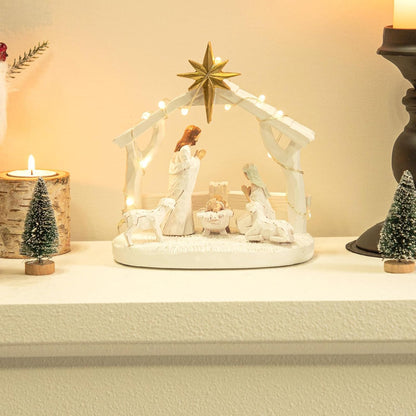 Nativity Scene - Hand-Painted Holy Family Figurine with Lights | Christmas Tabletop Decoration