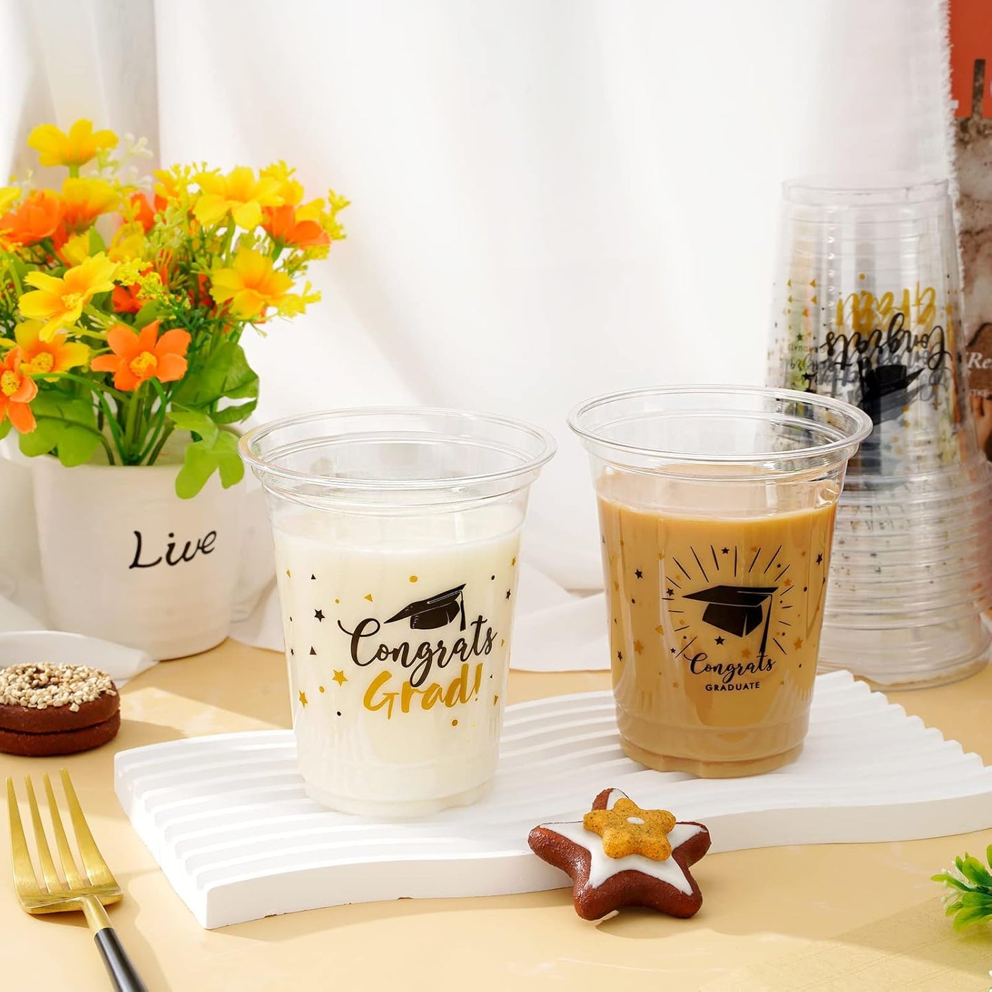 Whaline Graduation Cups - 12oz Black & Gold Disposable Party Cups for Class of 2025 | 50 Pack