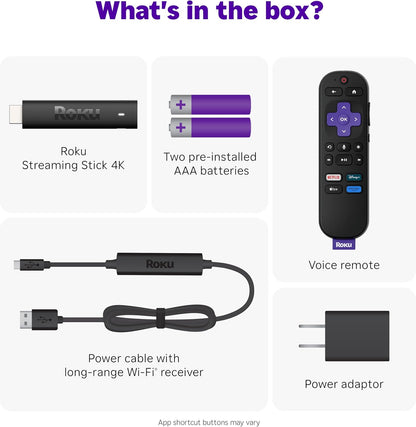 Roku Streaming Stick 4K - HDR & Dolby Vision Streaming Device with Voice Remote & Long-Range Wi-Fi