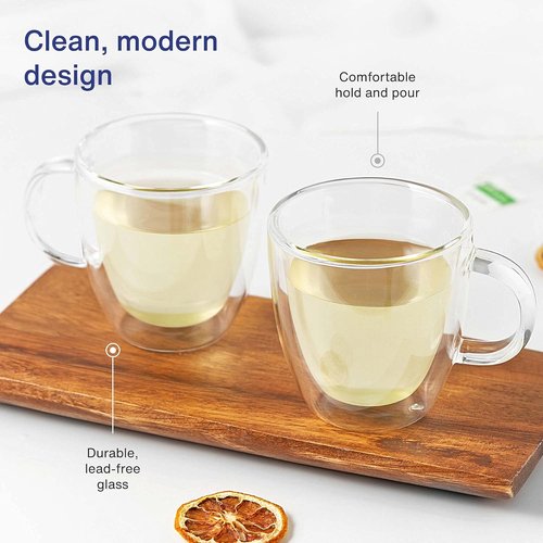 GoodGlassware Double Walled Espresso Mugs (Set of 2) 5.4 oz - Insulated Thermo Cups with Handle for Tea or Coffee Machine - Crystal Clear, Lead-Free, Dishwasher Safe Glasses