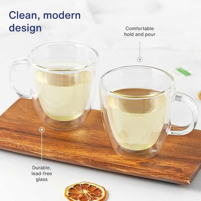 GoodGlassware Double Walled Espresso Mugs (Set of 2) 5.4 oz - Insulated Thermo Cups with Handle for Tea or Coffee Machine - Crystal Clear, Lead-Free, Dishwasher Safe Glasses