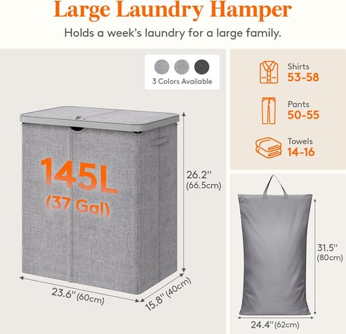 Lifewit Large 145L Laundry Basket - Foldable Hamper with Lid & Removable Bag | Light Gray