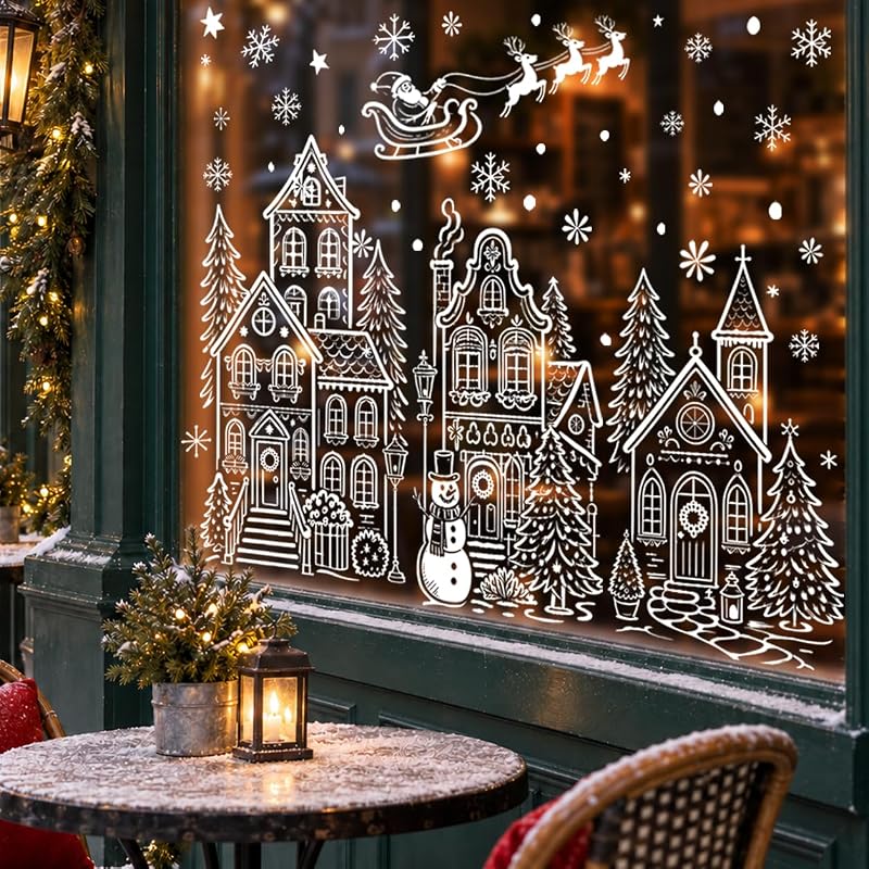 Christmas Village Window Clings – 4 Sheets 15.59 x 26.97 in Each, Winter White House Decor
