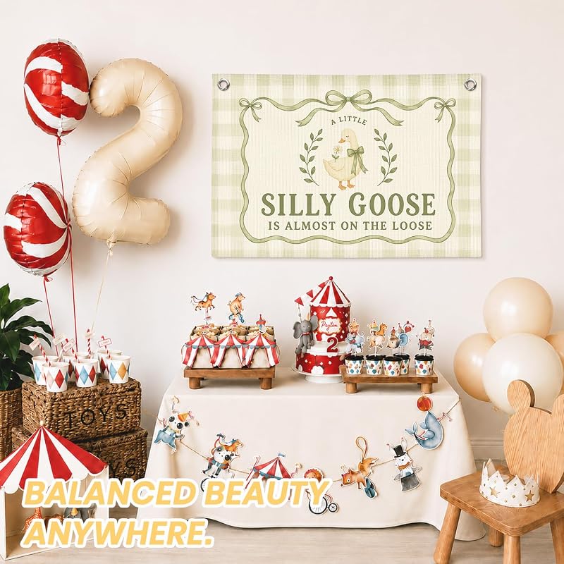 Silly Goose Baby Shower Banner - Nursery Wall Decor 30x20, sily goose green, Linen Canvas