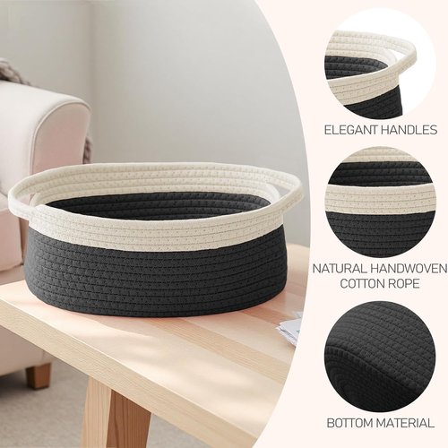 JMvicyroam Woven Storage Baskets - Small Rope Bins with Handles for Organizing | White & Black, 2-Pack