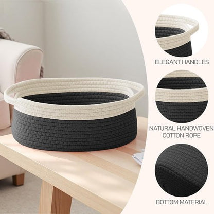JMvicyroam Woven Storage Baskets - Small Rope Bins with Handles for Organizing | White & Black, 2-Pack