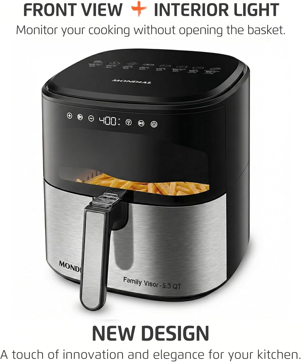 Mondial Air Fryer - Digital 5.3QT Capacity with High Power & Elegant Stainless Steel Finish - Black/Inox