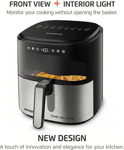 Mondial Air Fryer - Digital 5.3QT Capacity with High Power & Elegant Stainless Steel Finish - Black/Inox