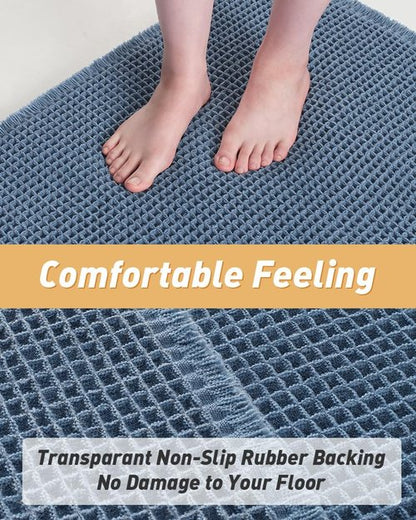 AMOAMI Upgraded Waffle Bath Mat, Super Absorbent Non Slip Bath Mats for Bathroom Floor, Machine Washable Bathroom Rugs with Tassels, Rubber Backed Bathroom Mats, Ultra Soft, 17" x 24", Blue