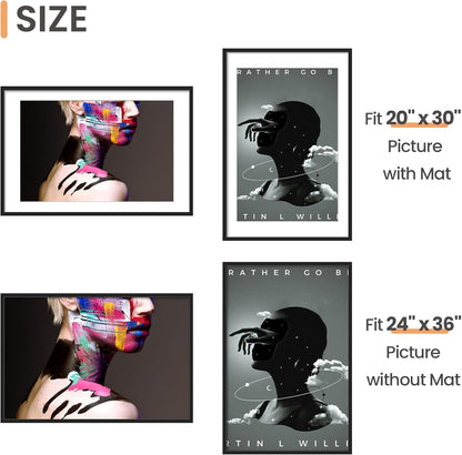 Upsimples 24x36 Poster Frame - Versatile Black Wall Hanging Frame for 20x30 Pictures with Mat