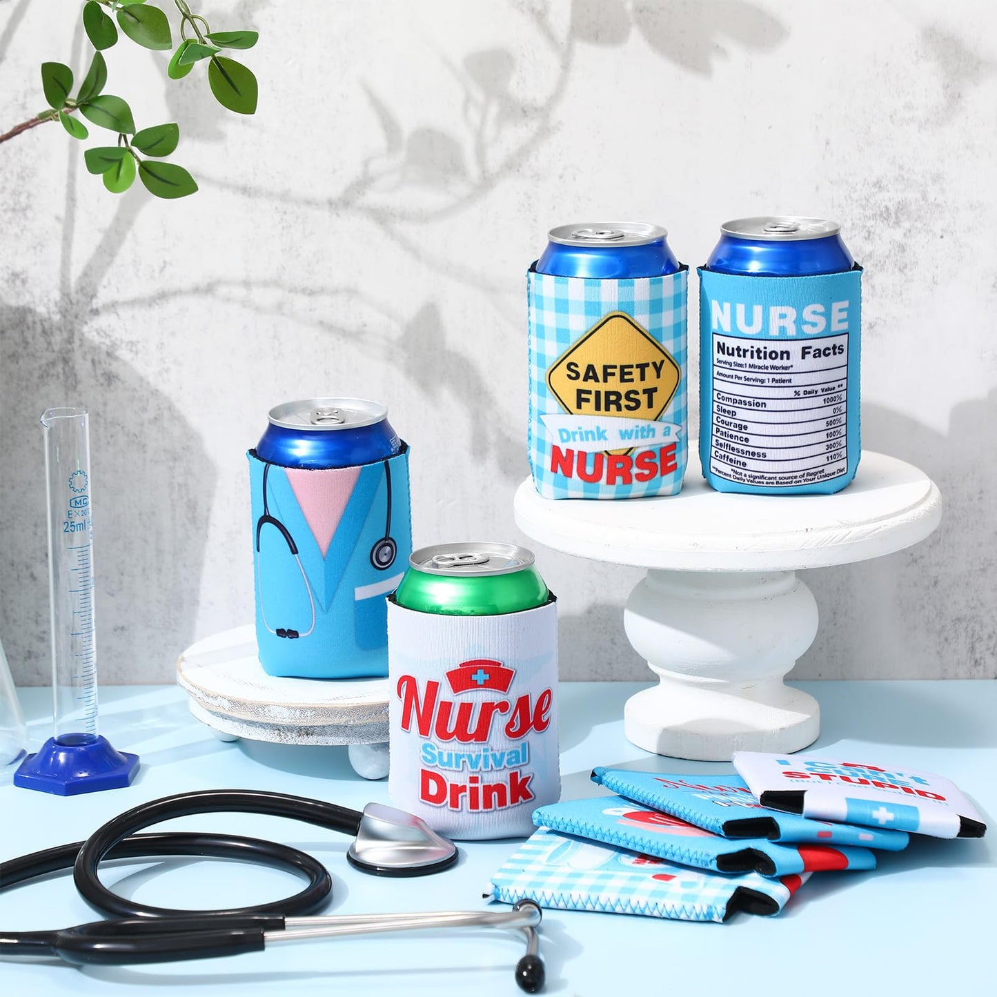 Ninehaoou 24 Pack Nurse Can Coolers Nurses Week Decorations Funny Nursing Day Can Coolers Sleeves for Nurse Graduation Rn Themed Party Nursing Party Decoration Supplies, 8 Styles,12 oz