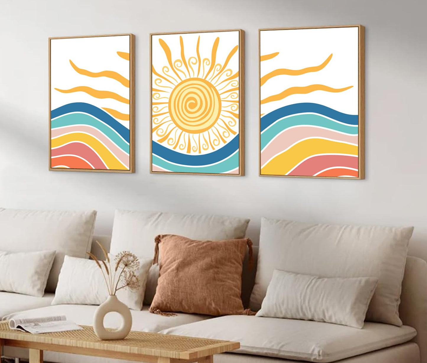 LNLAGBO Framed Boho Sunshine Wall Art Set of 3 Canvas Print Yellow Sun Rising on The Sea Minimalist Art,Mid Century Modern Boho Sun Wall Decor for Bedroom Living Room Office16 x24