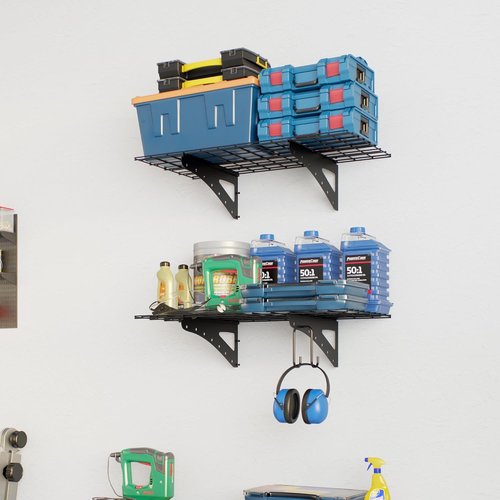 Garage Shelving | Wall Mounted Heavy Duty Set of 2 - 2 x 4 ft Floating Storage Rack, Max Load 250 lbs, Black