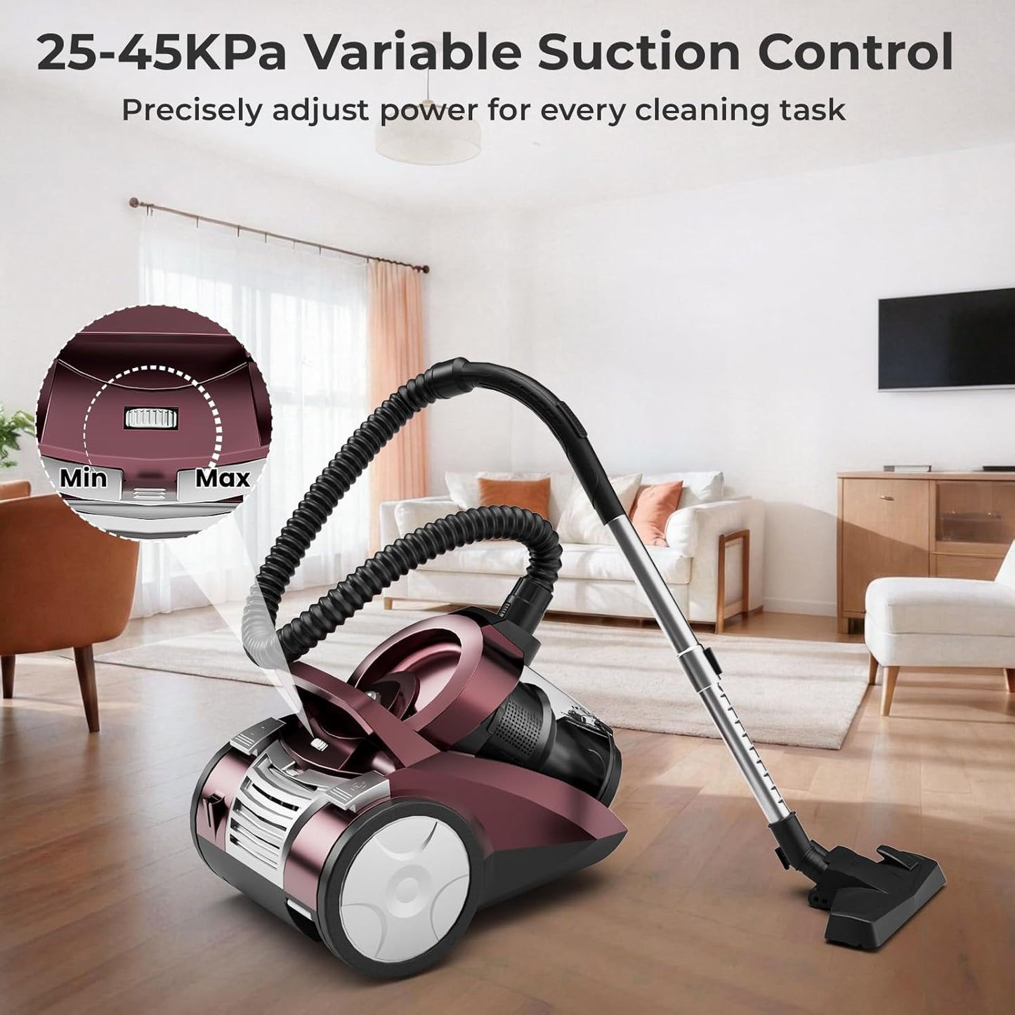Skiennix Canister Vacuum Cleaner - 1600W Bagless Design with 45Kpa Suction Power | 4Qt Dust Cup, 5 Tools, Lightweight for Home & Pets - Red