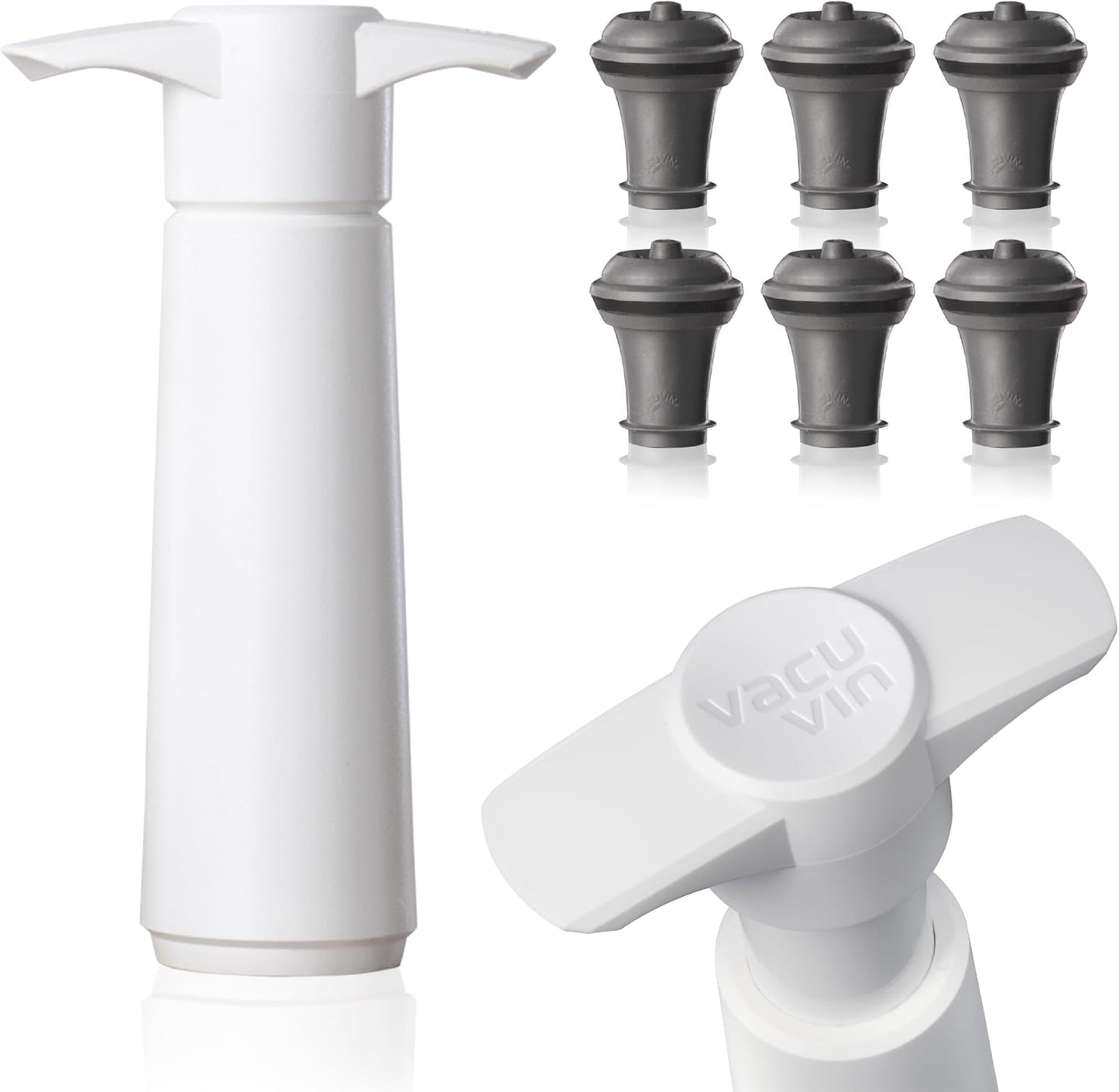 Vacu Vin Wine Saver Pump White with 6 Vacuum Stopper Grey - Airtight Seal for Opened Bottles to Preserve the Freshness Up to 10 Days - Easy to Use Perfect for Every Occasion