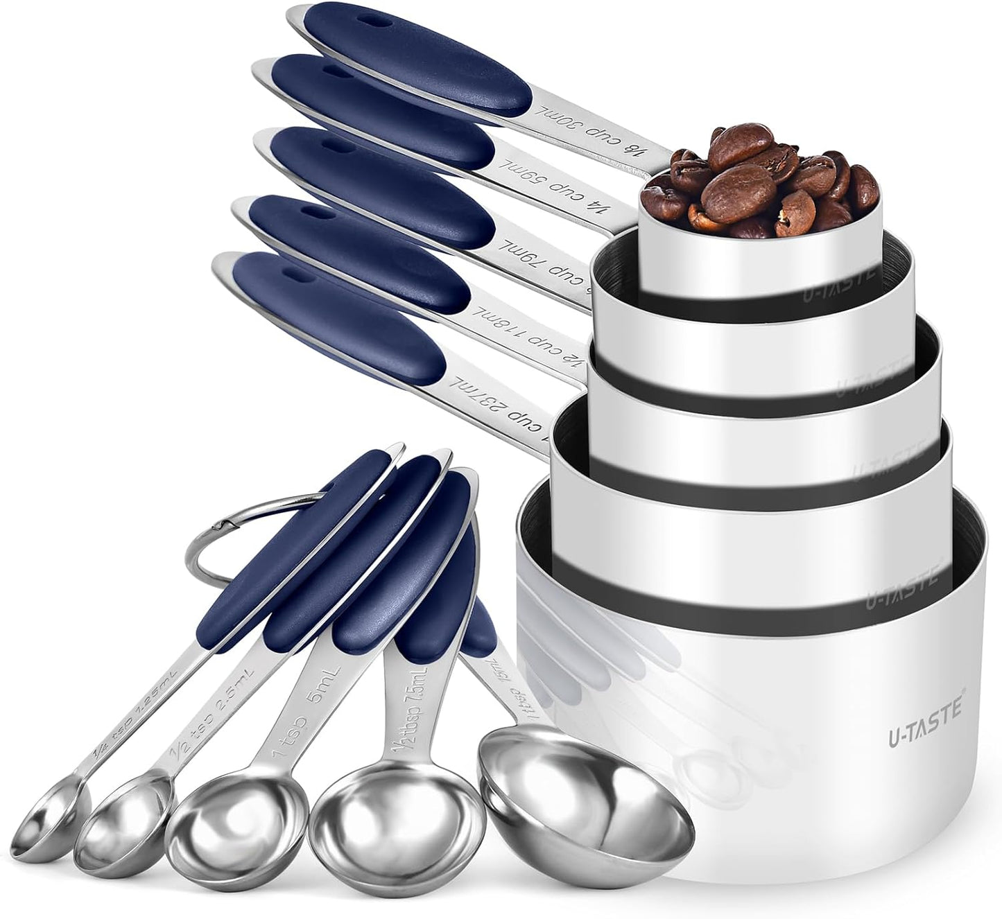 U-Taste Measuring Cups and Spoons - Food Grade 18/8 Stainless Steel Set of 10 with Upgraded Handle (Midnight Blue)