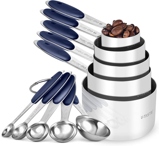 U-Taste Measuring Cups and Spoons - Food Grade 18/8 Stainless Steel Set of 10 with Upgraded Handle (Midnight Blue)