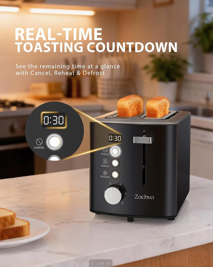 Skiennix 2-Slice Toaster - Wide Slots for Bread & Bagels, Stainless Steel with Digital Countdown, 6 Shade Settings, Compact Black Design