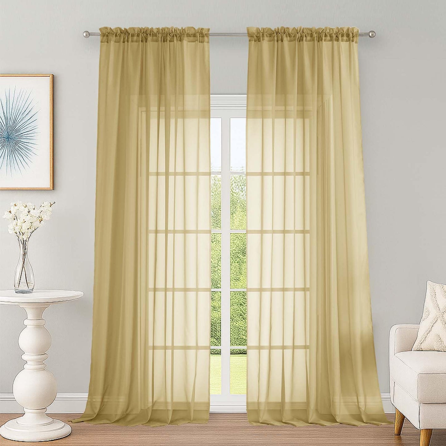 OWENIE Extra Long Gold Sheer Curtains 96 Inches Long 2 Panels Set, Soft Lightweight Airy Voile Sheer Curtain for Bedroom Living Room, Rod Pocket Solid Color Farmhouse Curtains, 59" Wx96 L Inch