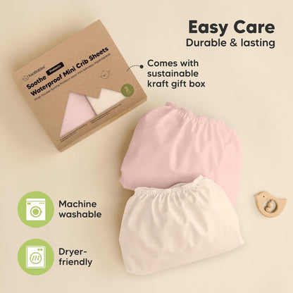 Skiennix Waterproof Mini Crib Sheets - 2 Pack Organic Cotton Fitted Sheets for Graco Playard | 38x26 Inches, Neutral Colors for Boys & Girls