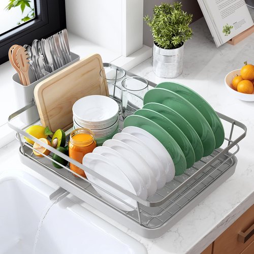 Kitsure Dish Drying Rack - Stainless Steel Kitchen Counter Organizer with Cutlery Holder | 12"W x 15.5"L, Silver Grey