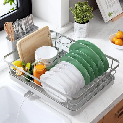 Kitsure Dish Drying Rack - Stainless Steel Kitchen Counter Organizer with Cutlery Holder | 12"W x 15.5"L, Silver Grey
