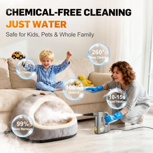 Handheld Steam Cleaner - 15s Heat-Up, 3-Level Adjustable Steam, 14 Accessories | Multi-Surface, Chemical-Free (Grey)