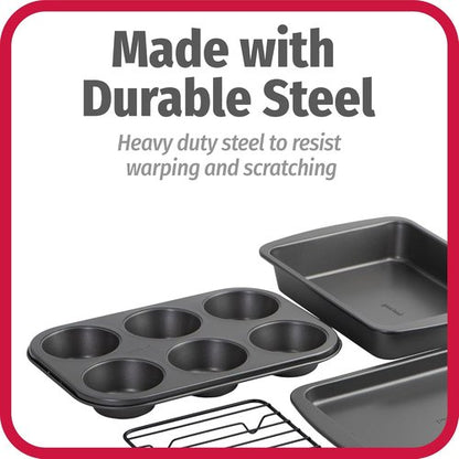 GoodCook 4-Piece Nonstick Steel Toaster Oven Set - Includes Sheet Pan, Rack, Cake Pan & Muffin Pan, Gray