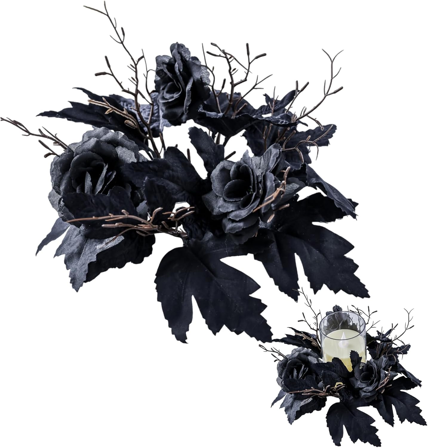 Skiennix Gothic Halloween Wreath - Black Candle Rings & Maple Rose Garland for Festive Decor