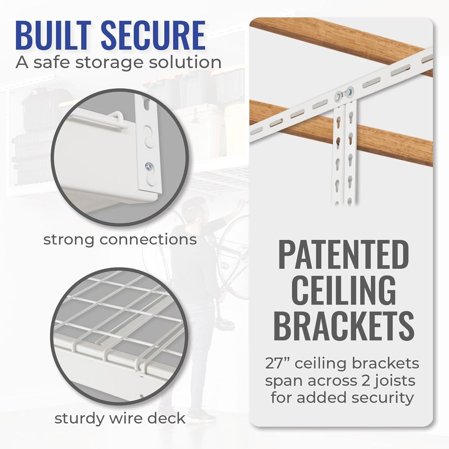 SafeRacks Overhead Storage Rack - Adjustable 4 ft x 8 ft | 24 in - 45 in Height, White with 5-Piece Hook Set