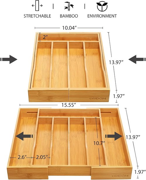 Bamboo Expandable Kitchen Drawer Organizer - Adjustable Cutlery Tray for Utensils | Natural Wood Finish
