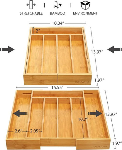 Bamboo Expandable Kitchen Drawer Organizer - Adjustable Cutlery Tray for Utensils | Natural Wood Finish