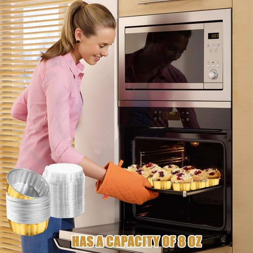 100 Pcs 8 oz Aluminum Foil Cup with Lids Disposable Ramekins with Lids Disposable Ramekin Baking Cups Foil Cupcake Containers for Wedding, Christmas, Kitchen, Party (Silver, Gold, 8 oz)