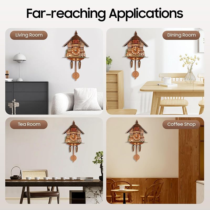 Wall Mounted Cuckoo Clock with Pendulum, Battery-Operated, Adjustable Volume