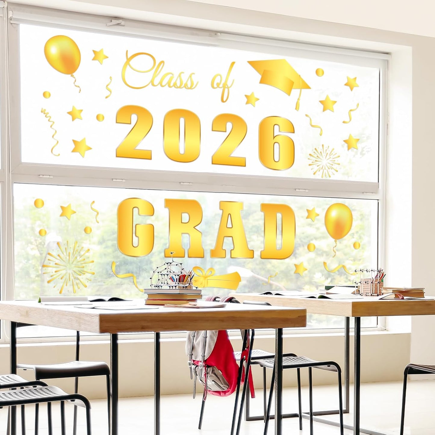 Whaline Graduation Window Clings - Class of 2026 Gold Foil Congrats Grad Decals | Reusable Home & Classroom Decor