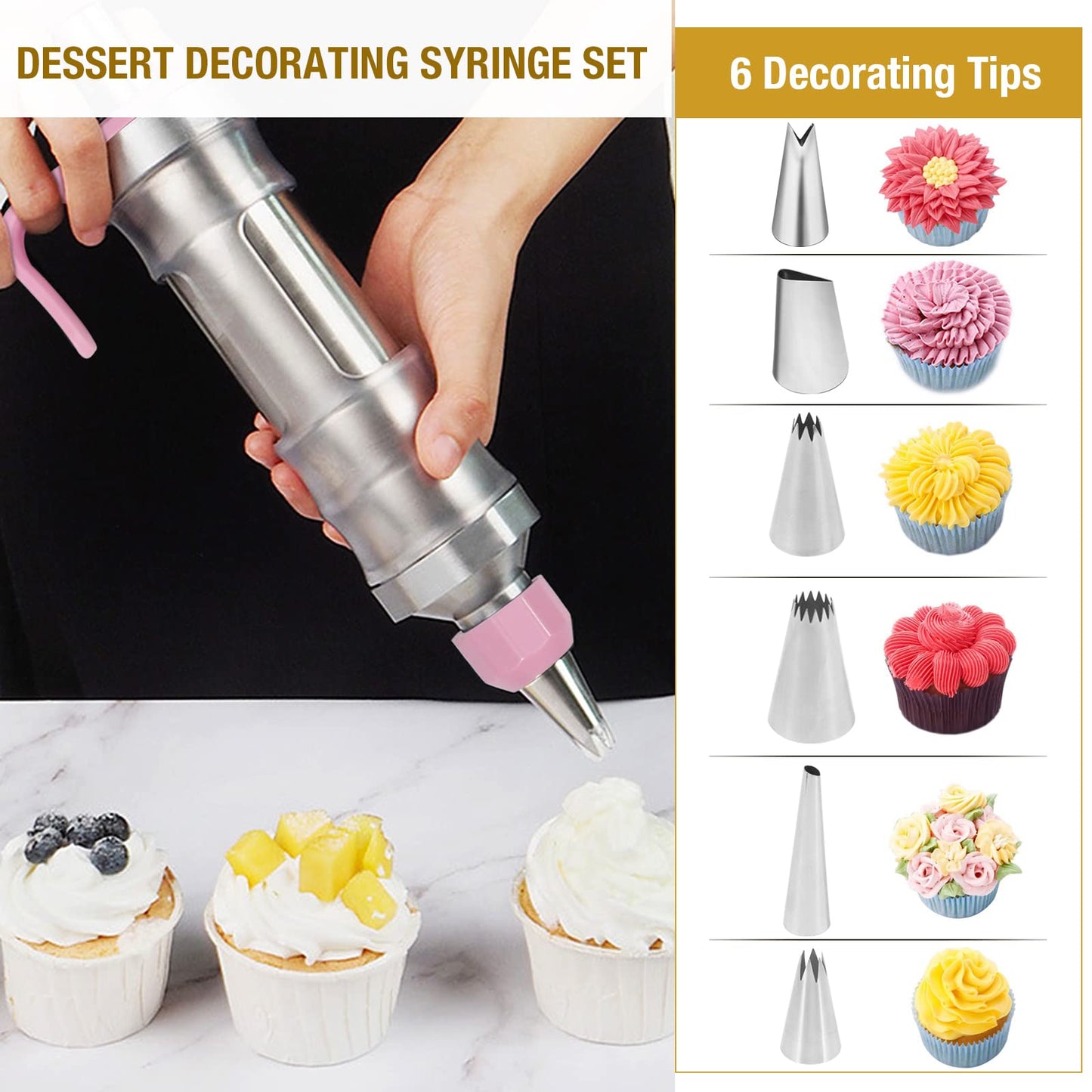 Icing Decoration Gun Set Cake Decorating Tools Dessert Decorator Syringe 6 Russian Piping Icing Nozzles 3 Cream Scraper Stainless Steel Cupcake Frosting Filling Injector Cake Icing Tool(Pink)