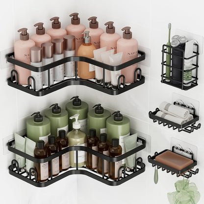 Veken Corner Shower Caddy - Rustproof Adhesive Shelves with Soap Holder | 5-Pack Large Capacity, Black