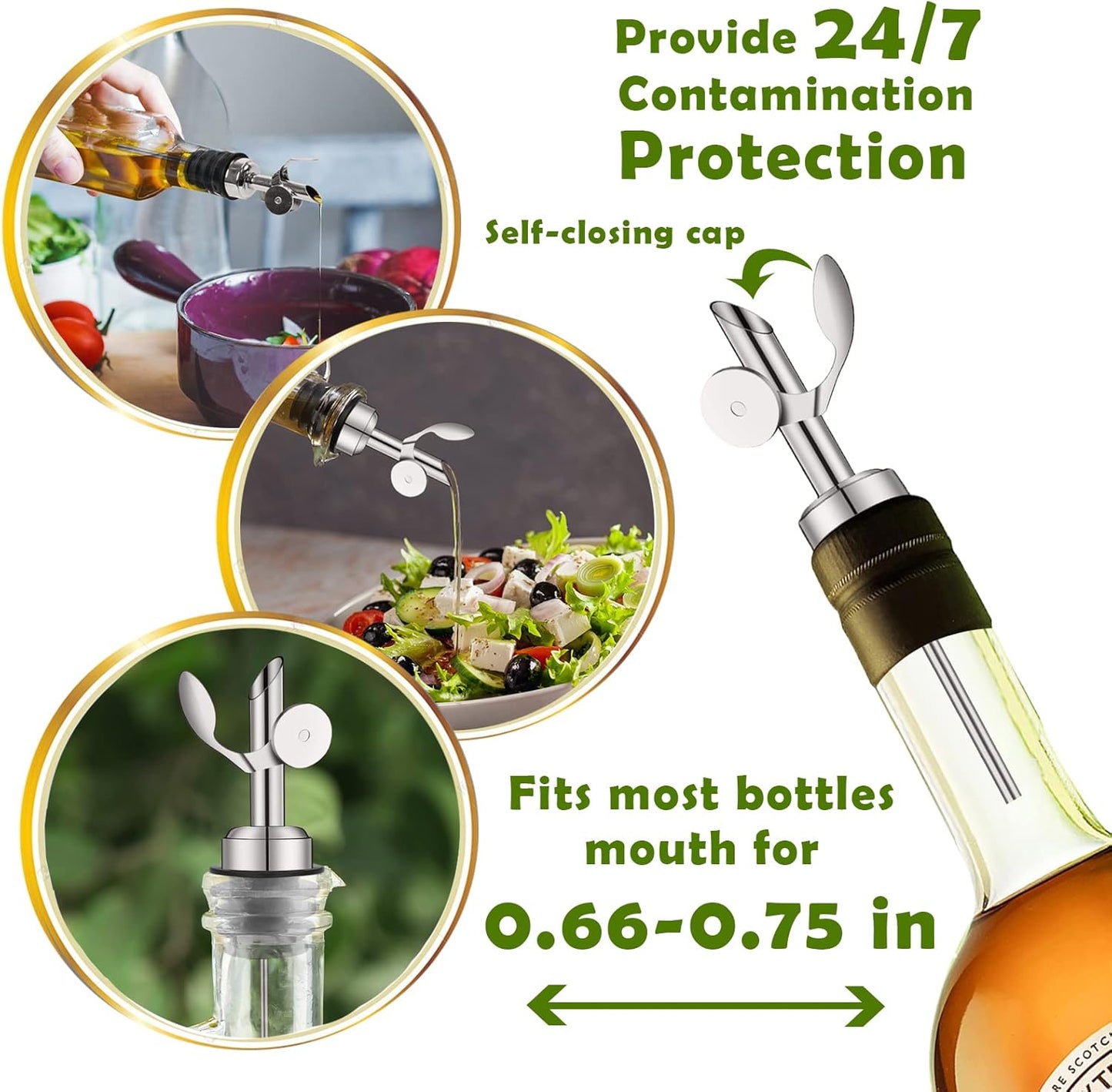 WAFJAMF 2 Pcs Weighted Stainless Steel Bottle Pourers, Self Closing Olive Oil Dispenser Spout, Auto Flip Feature Liquor Pour Spouts for Pours Liquid, Olive Oil, Wine, Vinegar (Silver)