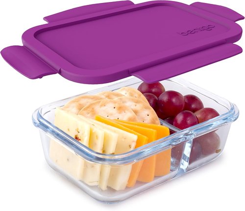 Bentgo® Glass Snack Container - Leak-Proof, Airtight, 2-Compartment Design - 1.75 Cup Capacity (Purple)