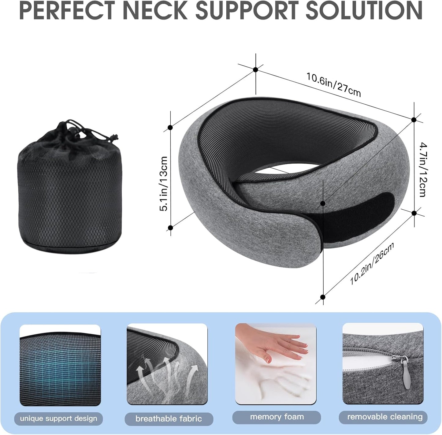 Skiennix Memory Foam Neck Pillow - Ergonomic Travel Comfort for Airplanes & Car Rides | Compact Grey Design