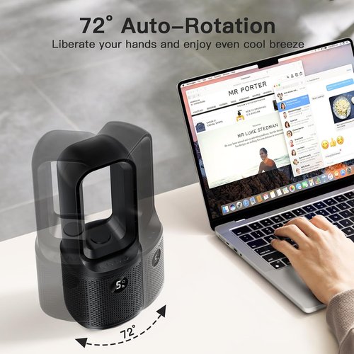let'me Bladeless Desk Fan, 5-Speed Small Table Fan with 3-Color Night Light, 72° Oscillation, 9-Hour Timer, Wired Power with Adapter Ultra-Quiet Personal Cooling Fan for Bedroom Office Home, 13x5 Inch