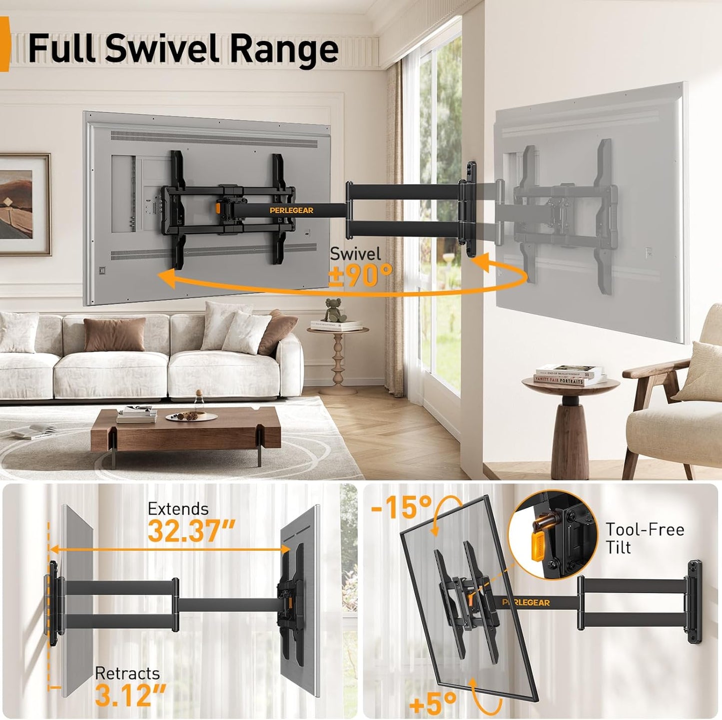 Perlegear Corner TV Wall Mount - Full Motion Bracket for 37-75 Inch TVs | 32.37” Extension & Tilt, Max VESA 600x400mm, 100 lbs Capacity