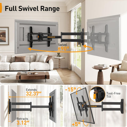 Perlegear Corner TV Wall Mount - Full Motion Bracket for 37-75 Inch TVs | 32.37” Extension & Tilt, Max VESA 600x400mm, 100 lbs Capacity