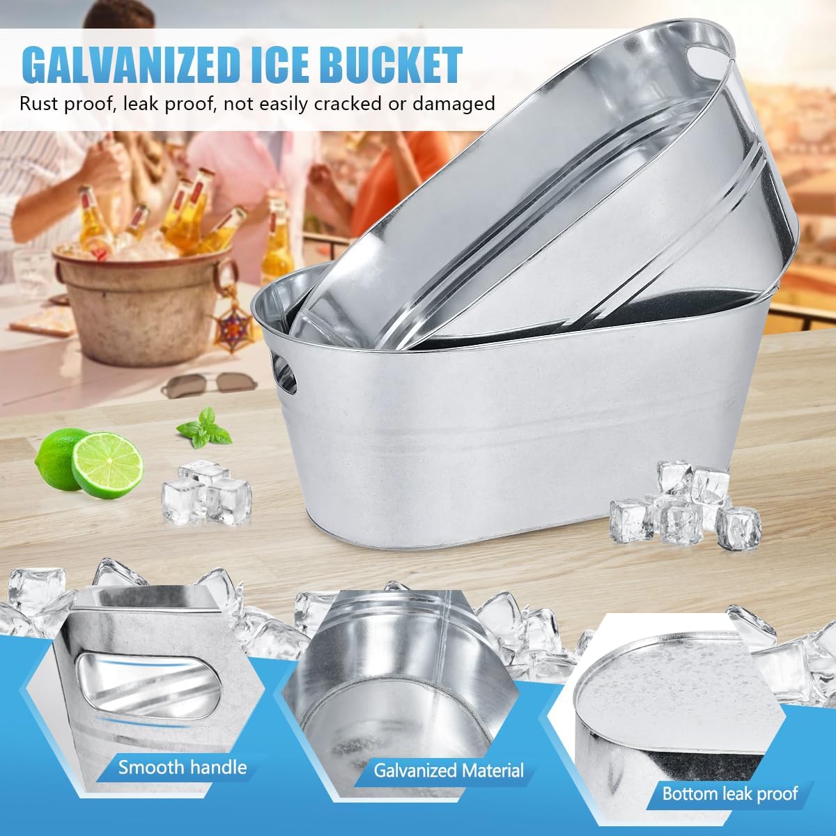 OBTANIM 2 Pack 4 Gallon Galvanized Ice Buckets Metal Champagne Drink Cooler Storage Ice Tub with Carry Handles for Beer Cocktails Wine Beverage Home Parties Bar Cooling Supplies