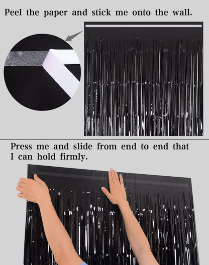 Melsan Black Tinsel Fringe Backdrop Curtains - 3.2 x 8 Ft Photo Backdrop for Parties | Pack of 2