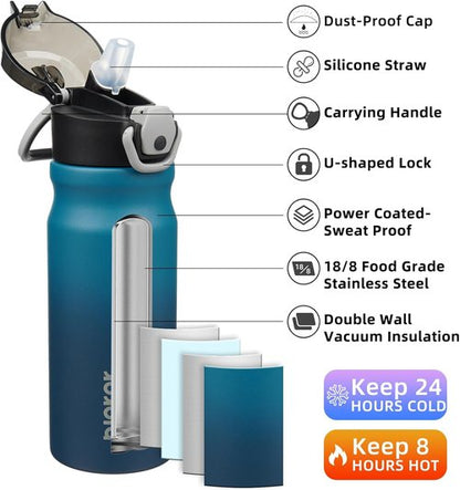 BJPKPK 18oz Insulated Water Bottle - BPA-Free Stainless Steel Thermal Flask with Straw | Indigo Black