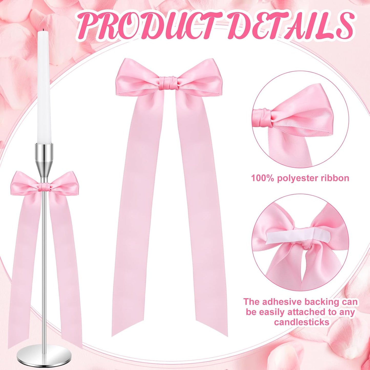 Teenyyou Pink Candlestick Bows - 12 Pcs Self-Adhesive 13 Inch Large Decor for Weddings & Parties