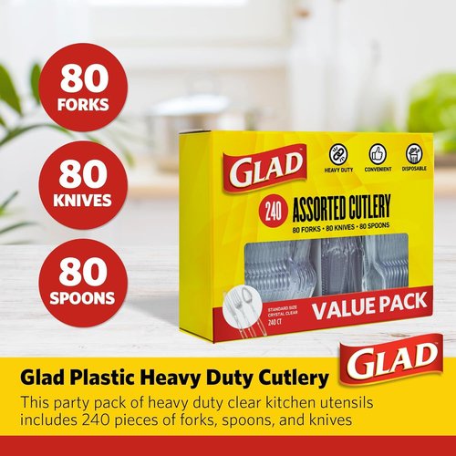 Glad Clear Disposable Cutlery Set - Heavy Duty Plastic Forks, Knives & Spoons | 240 Count for Parties & Everyday Use