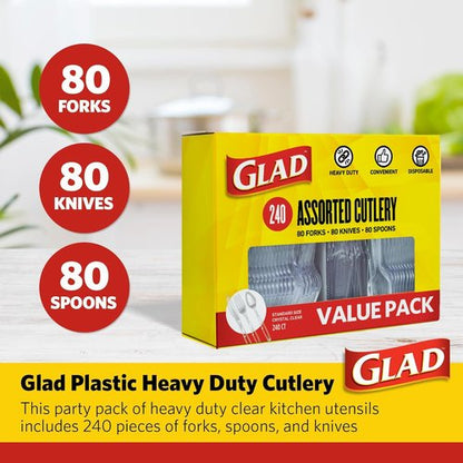 Glad Clear Disposable Cutlery Set - Heavy Duty Plastic Forks, Knives & Spoons | 240 Count for Parties & Everyday Use